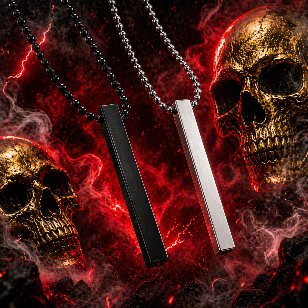 2Pcs Bar Pendant Necklace – Black & Silver Stainless Steel Chain